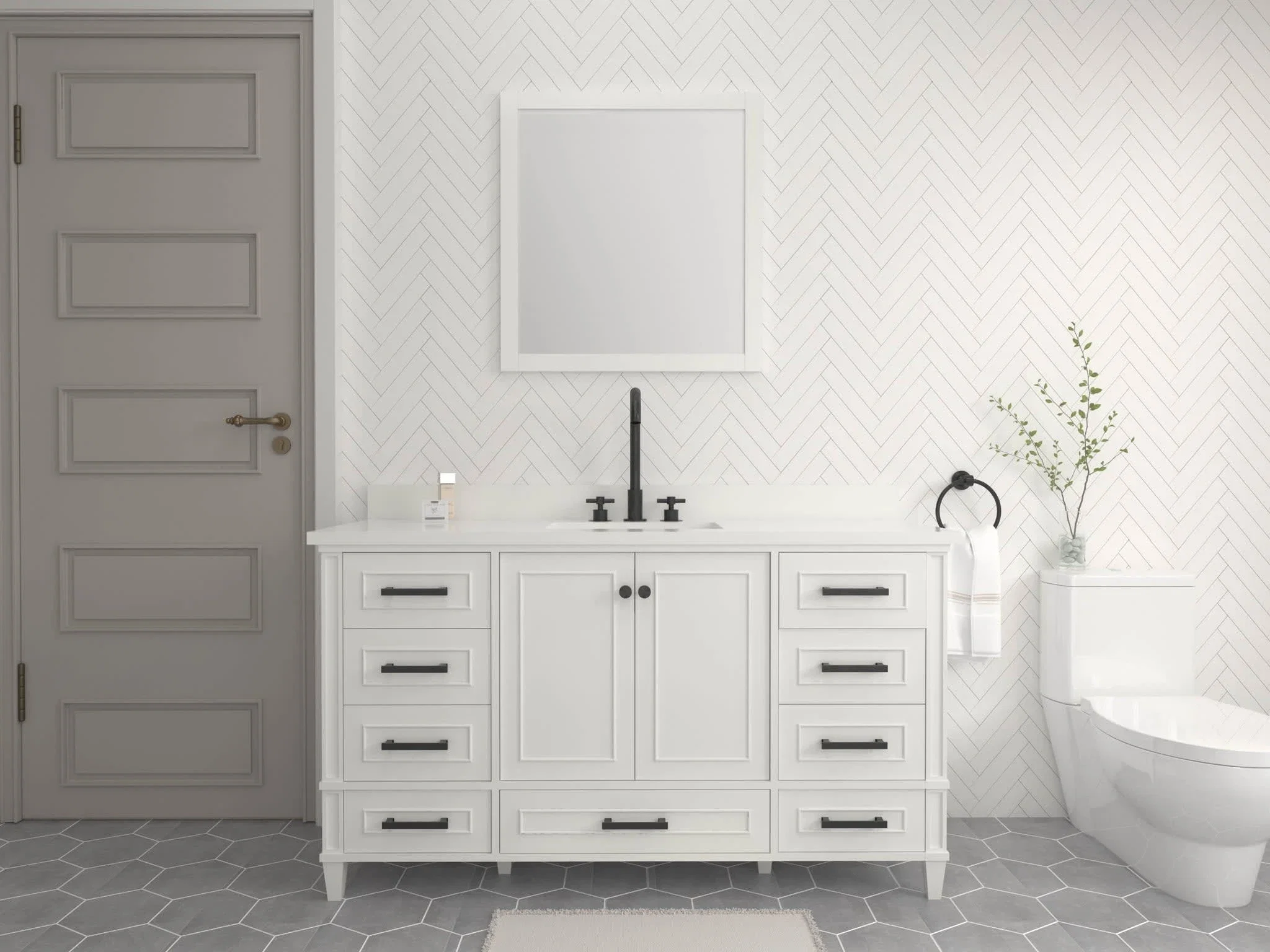 Windsor 60 inch single sink bathroom vanity in Bright White, styled in a modern bathroom