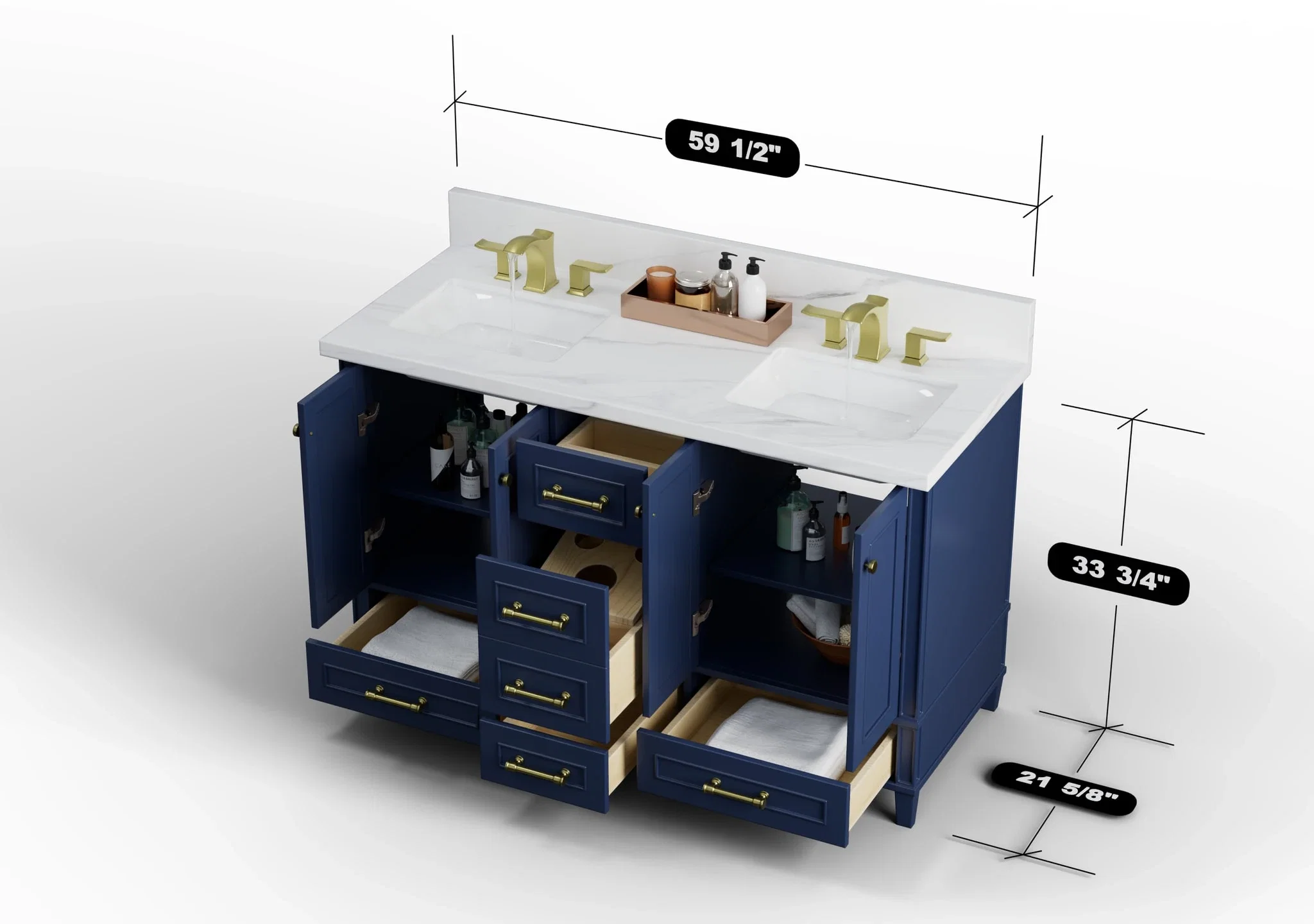 Windsor 59 inch double sink bathroom vanity in Navy Blue, studio render