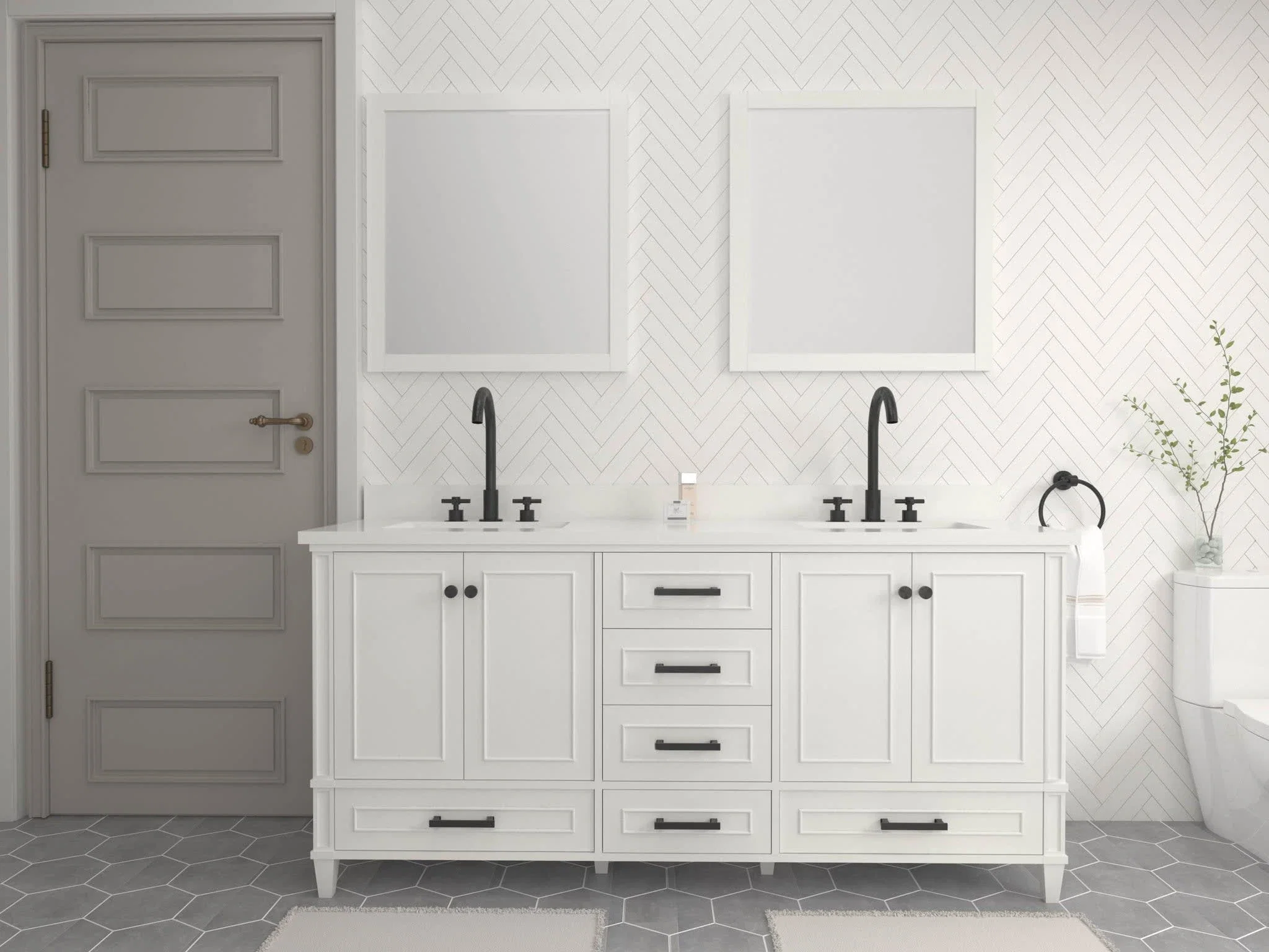 Windsor 72 inch bathroom vanity in Bright White, styled in a modern bathroom